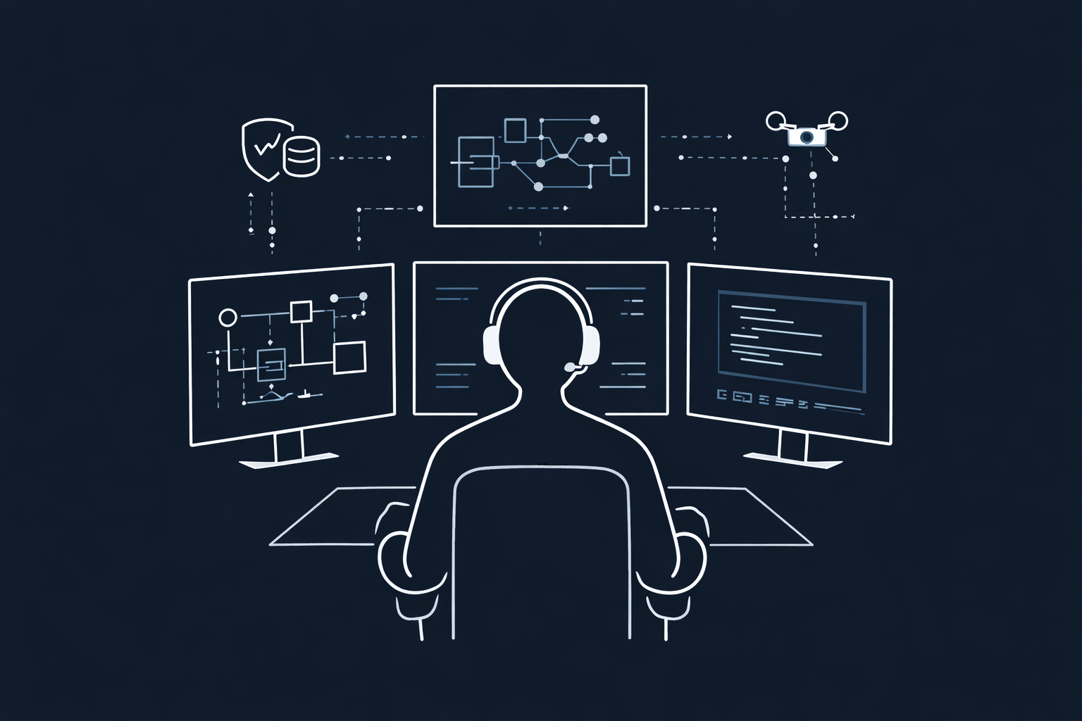 Operator at multi-monitor command workstation with drone and security connections